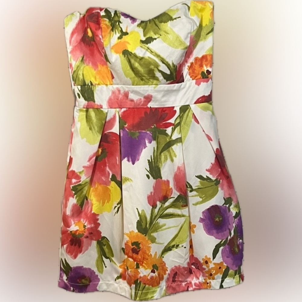 Forever 21 Floral Strapless Mini Dress | White Pink Yellow Purple | Size Small